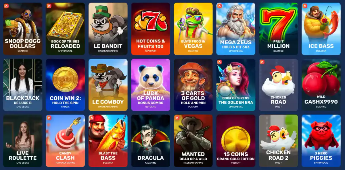 Catalogue de jeux de casino avec machines à sous et titres populaires
