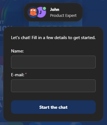Fenêtre de chat en direct avec formulaire de contact du service client